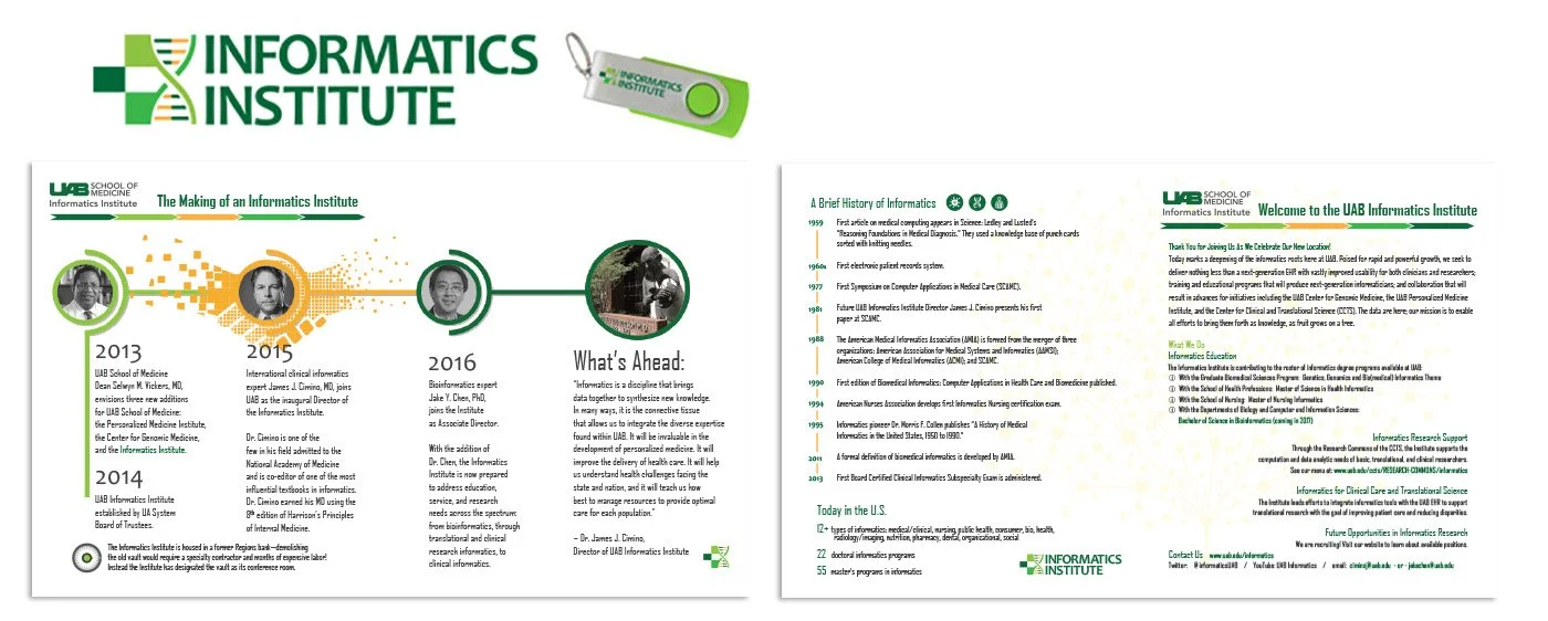 Brochure page for science institute, including a timeline of their history, and information about the institute's mission, programs, and contact details.