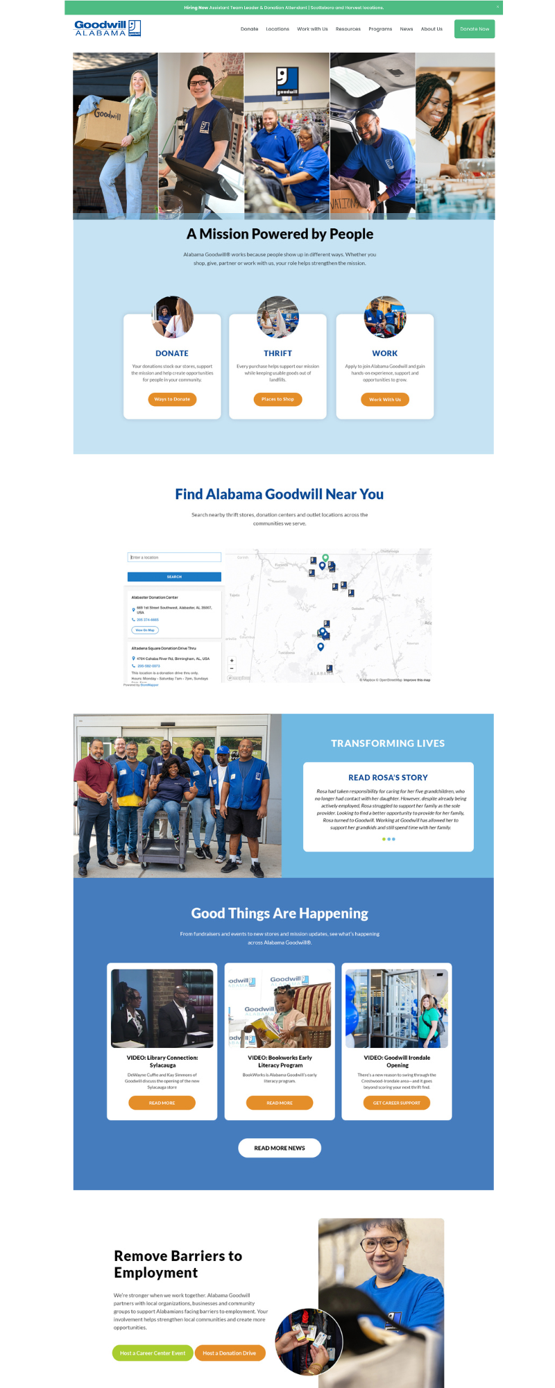 Screenshot of nonprofit website homepage featuring images of staff and volunteers, a map of donation centers, and sections about donation, thrift shopping, work opportunities, community stories, and events.
