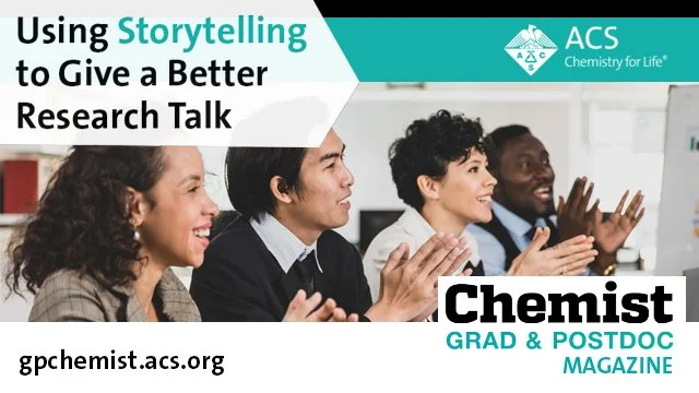 Group of diverse young adults happily listening and clapping during a research talk, with a focus on storytelling to improve research communication, featuring ACS Chemistry for Life branding and a link to gchemist.acs.org.