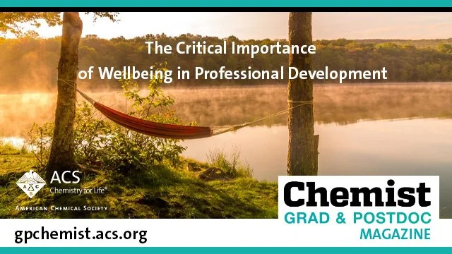 A lakeside scene during sunrise or sunset with a hammock between two trees, and the text overlay emphasizing the importance of well-being in professional development, featuring social media example of branding.