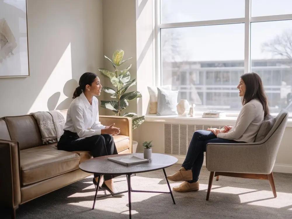 Two women sitting across from each other in a therapy session in a bright, modern office with large windows, a beige sofa, and an armchair.