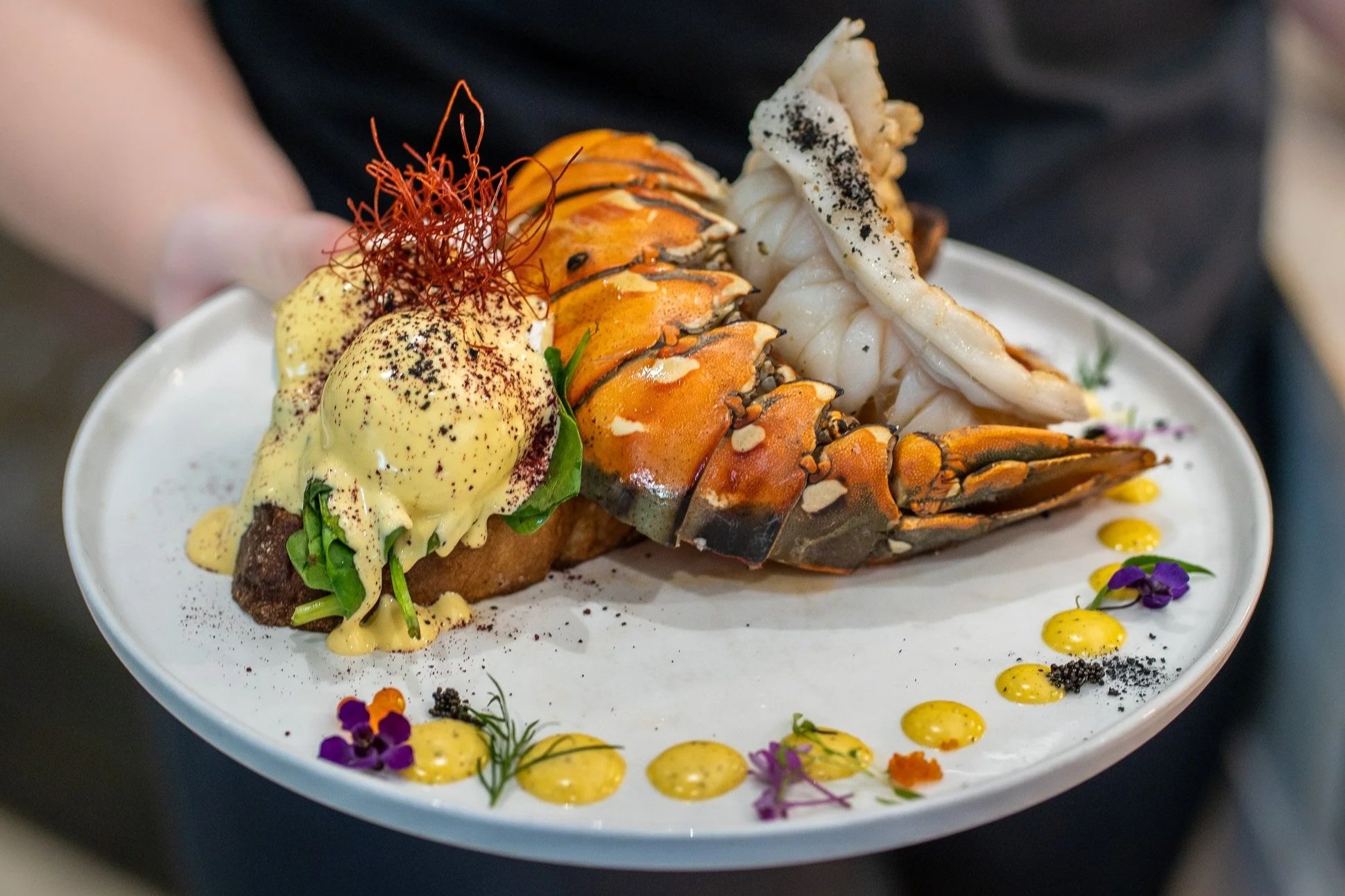 Painted Crayfish Eggs Benedict with Lemon Myrtle Hollandaise and Nasturtium