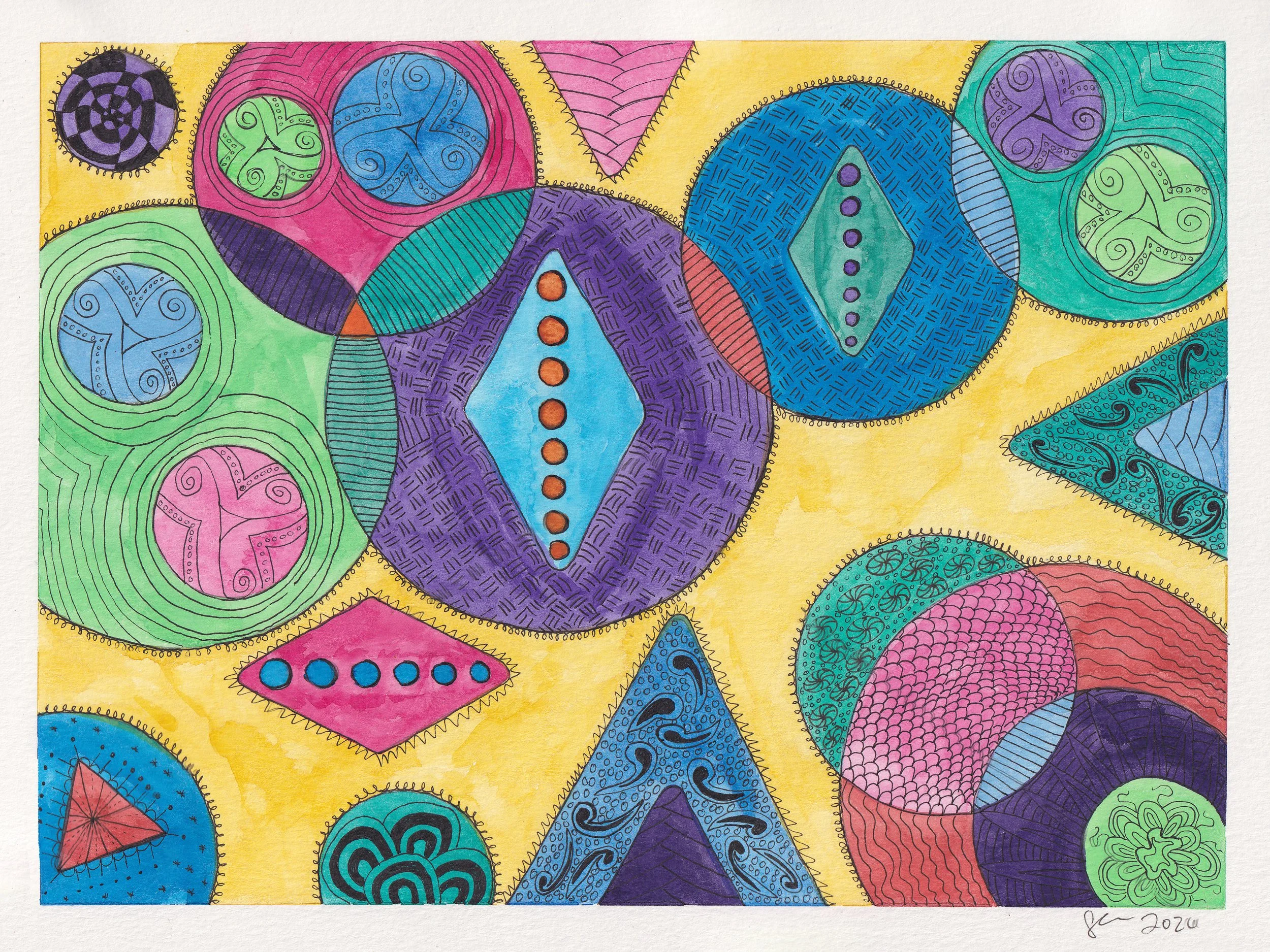 Converging shapes with bold colors and patterns