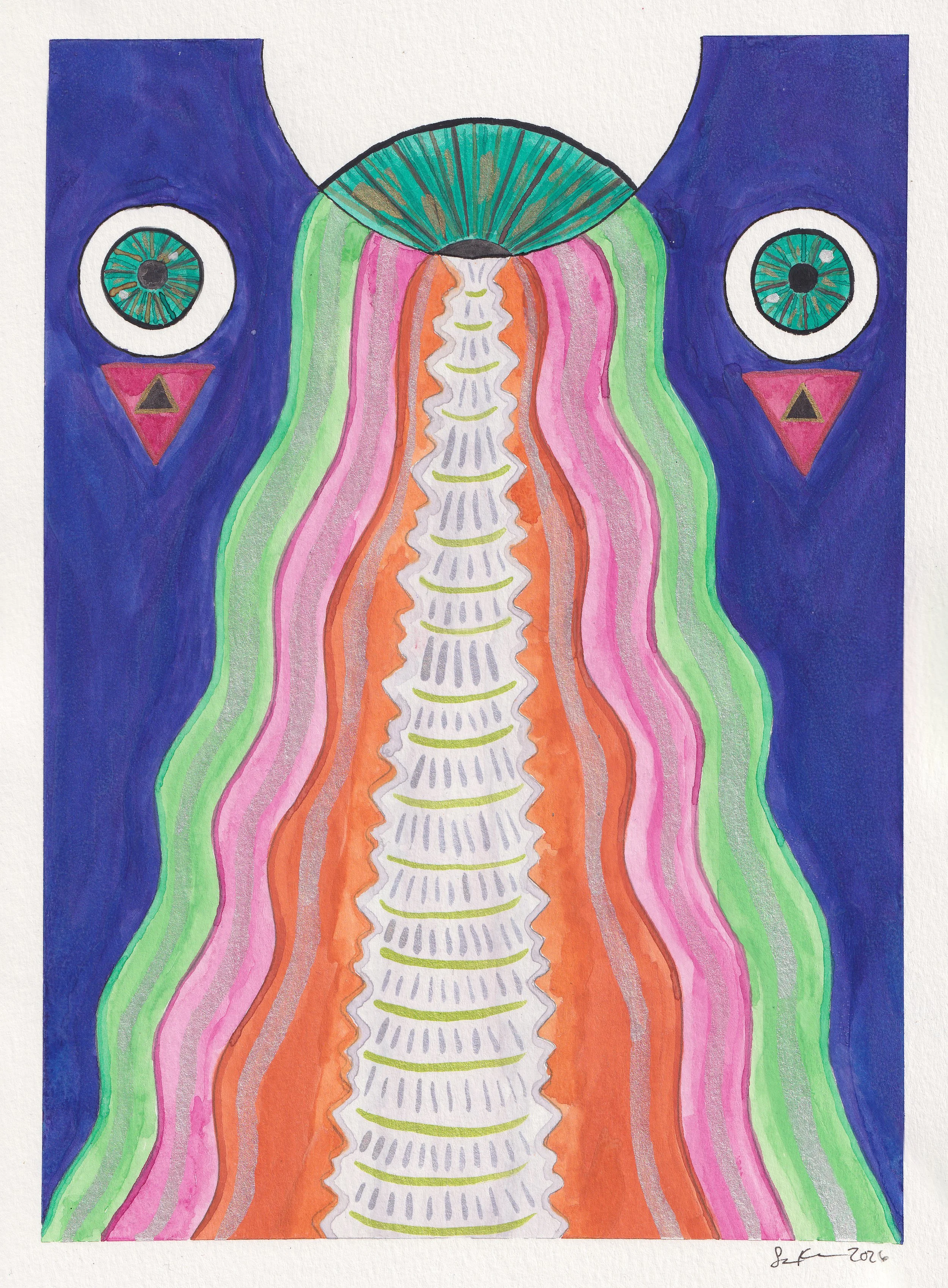 Invaders from another place. Two overlooking eyes and a giant glowing eye looking down.