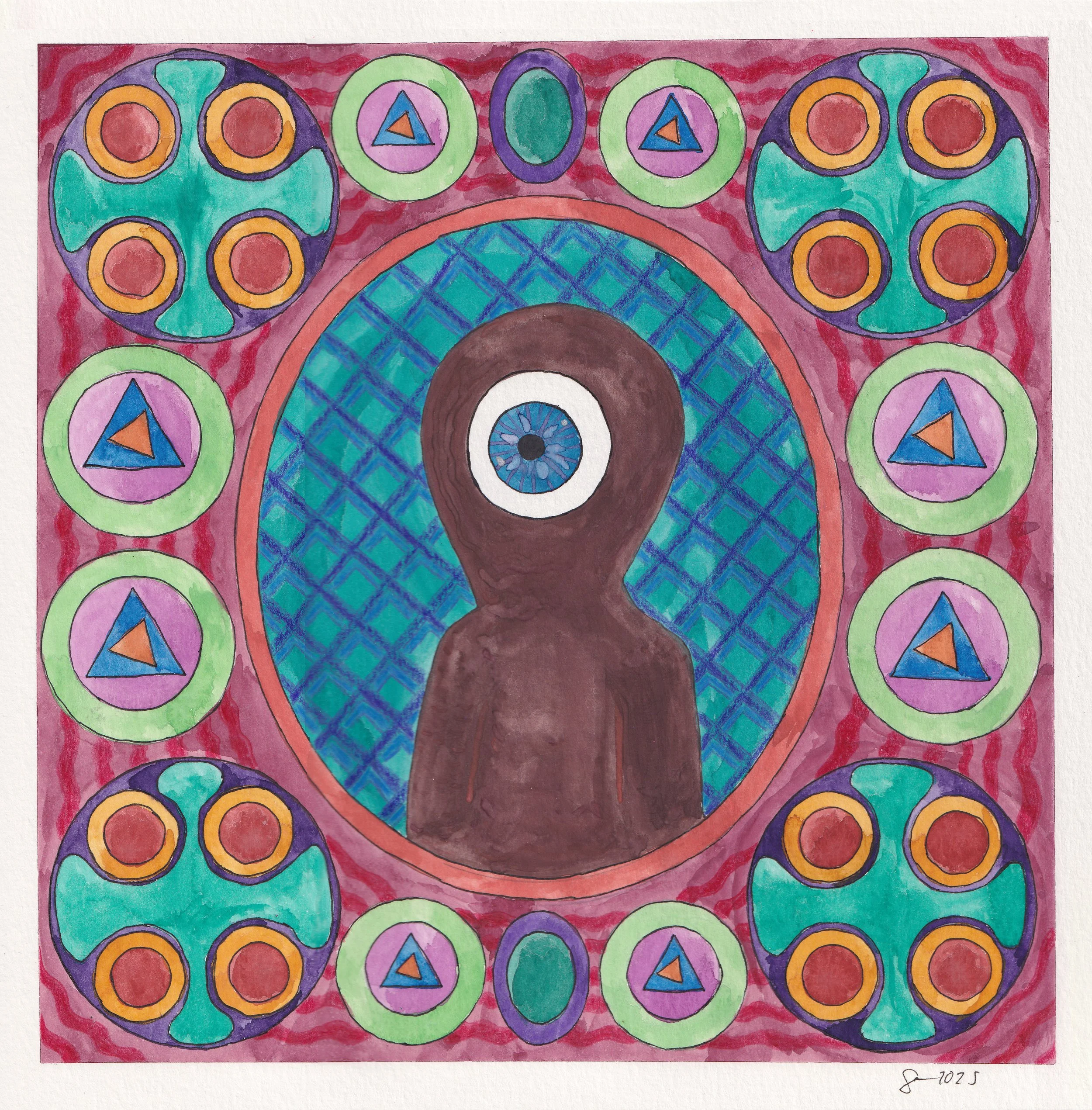 A one eyed creature surrounded by strange symbols.