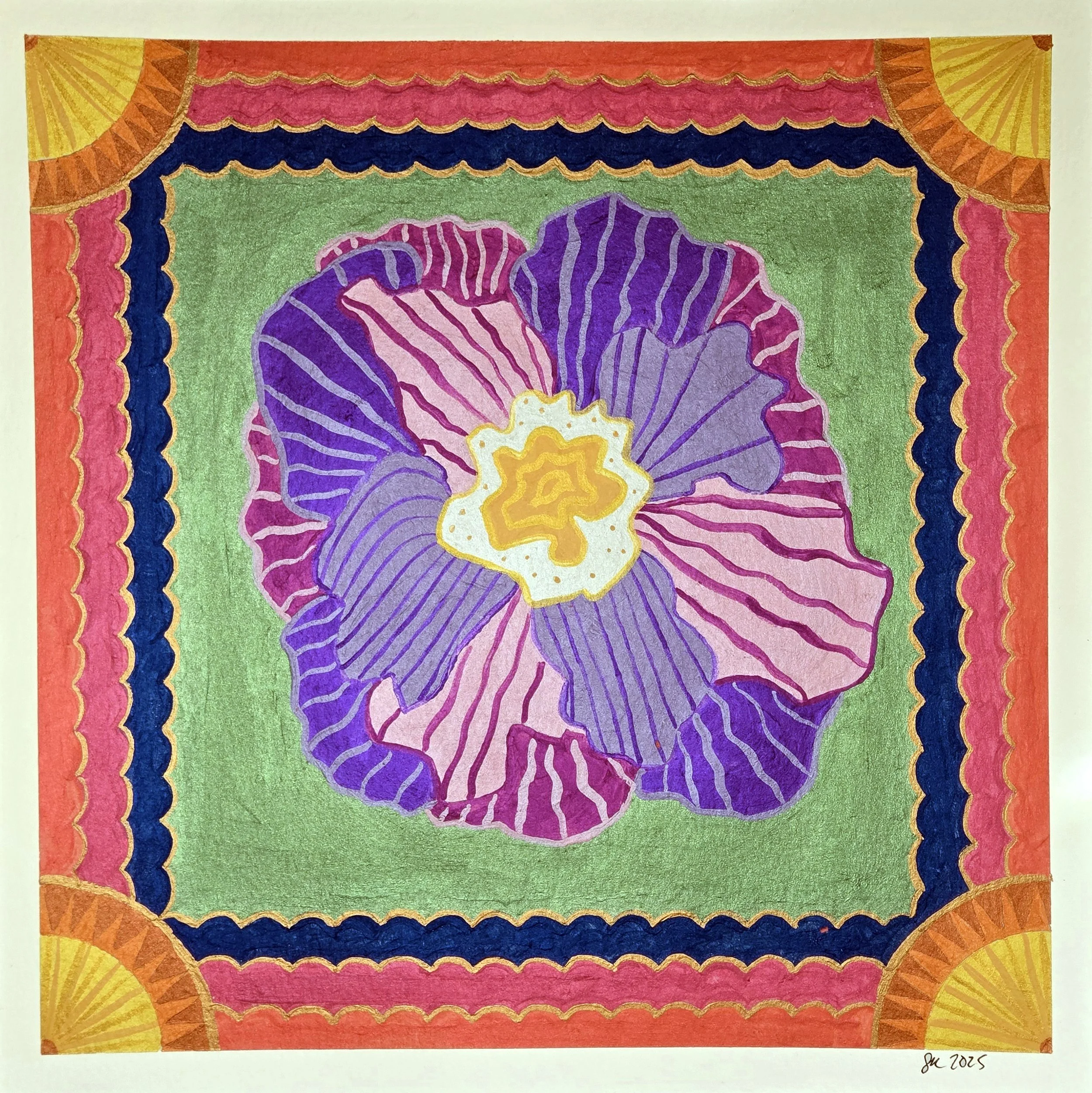 A purple and pink flower inside a scalloped border with gold highlights.