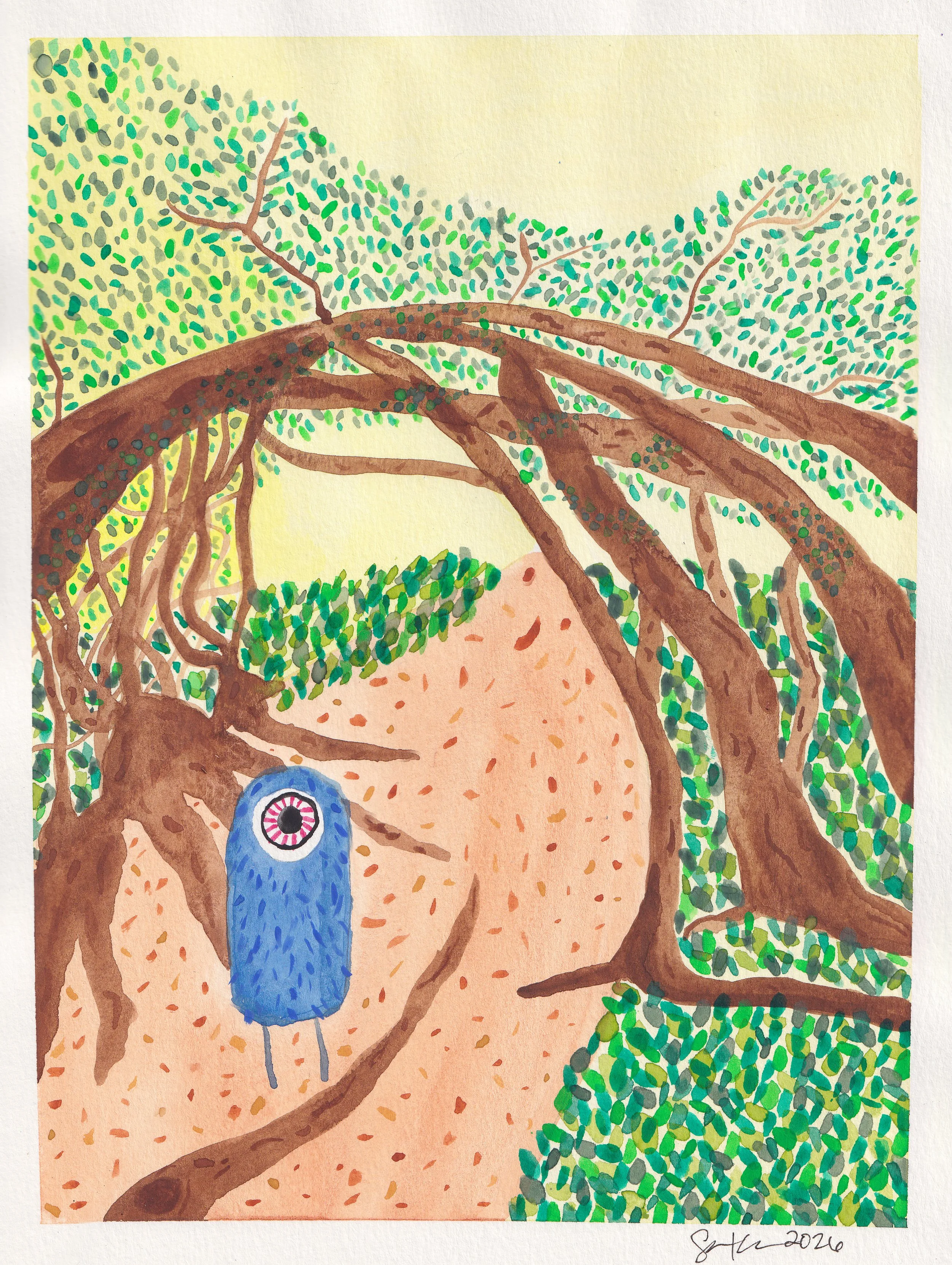 A blue being comes from a beneath an arch of trees, behind is a bright yellow sky. Everything is green and yellow. 