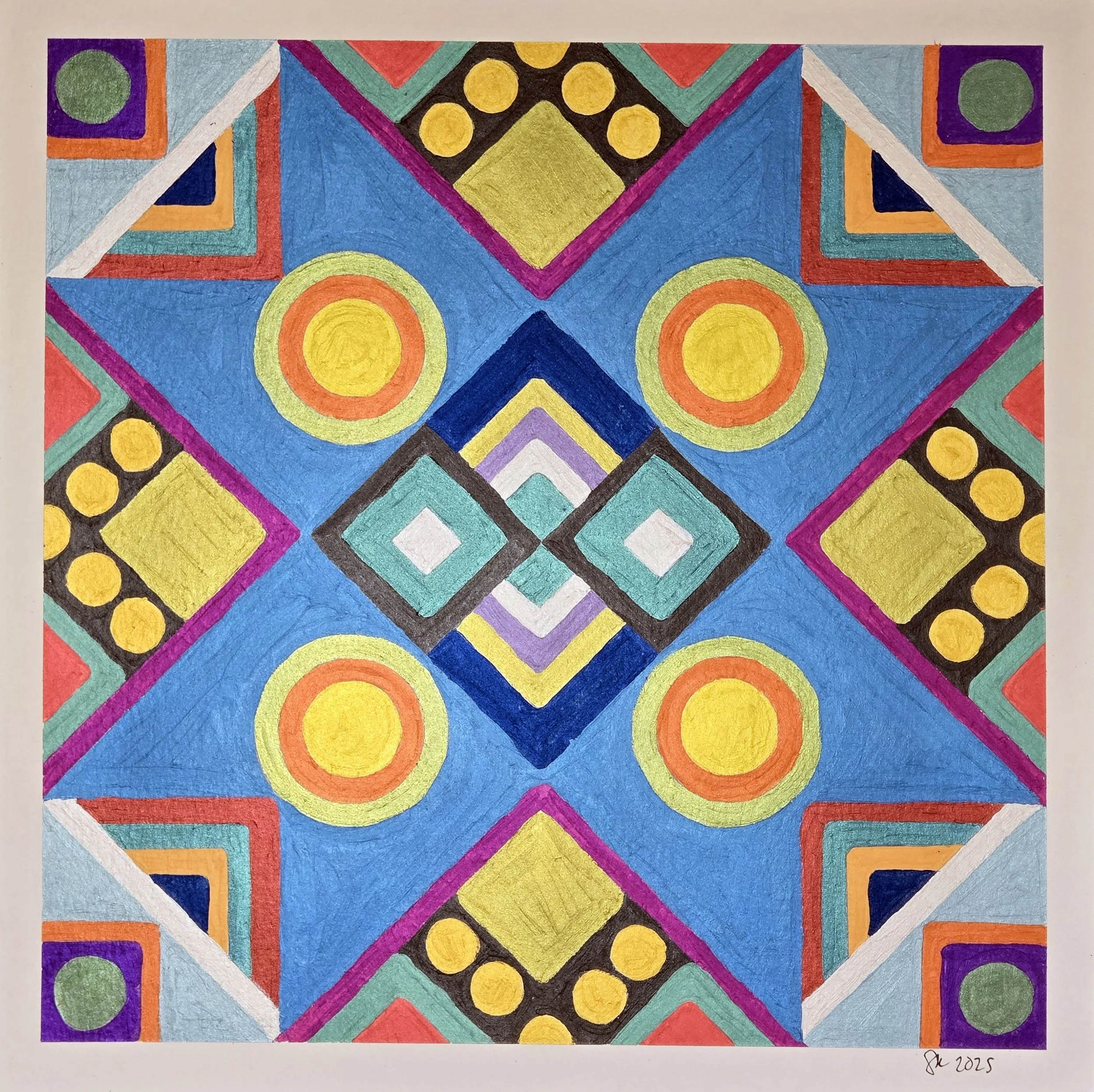 Interconnecting geometric designs of blues, greens, and yellows.