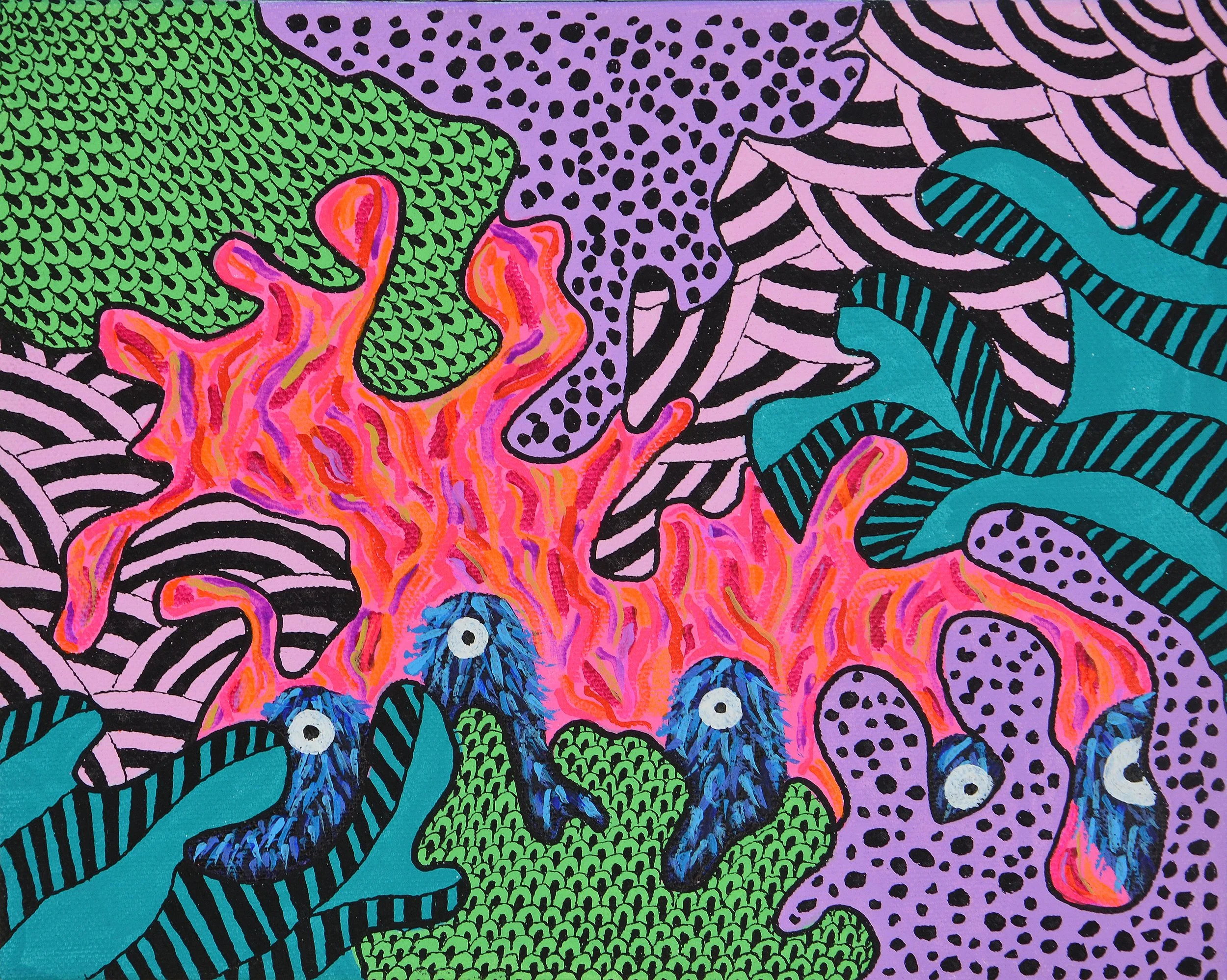 Mysterious blue beings peek out from behind a wild landscape with fear in their singular eyes. 