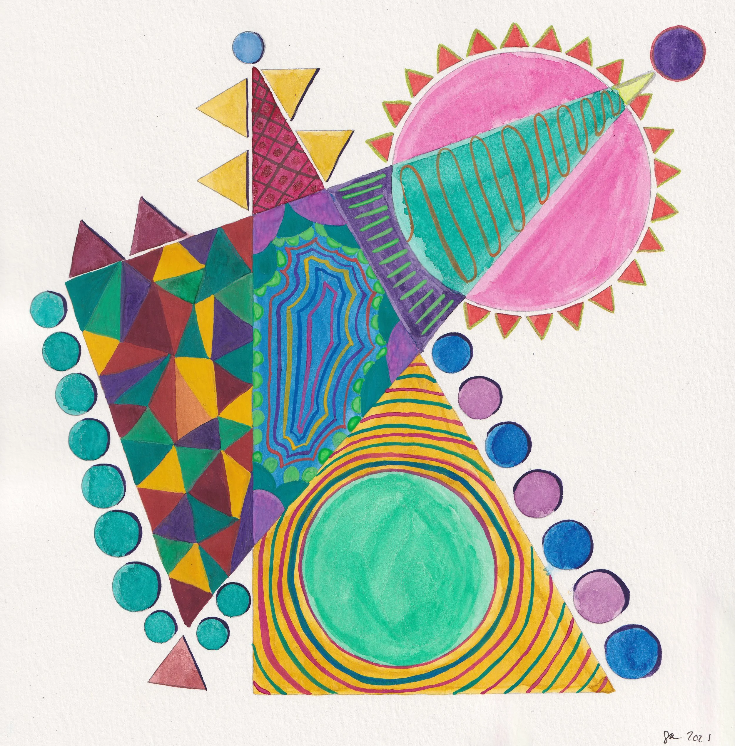 Interconnecting shapes with contrasting colors and designs in the form of a death ray.