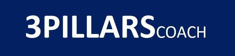 Logo for 3 Pillars Coach with white text on a dark blue background