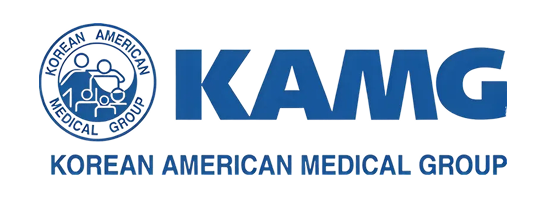 Korean American Medical Group logo with blue text and emblem on a white background.