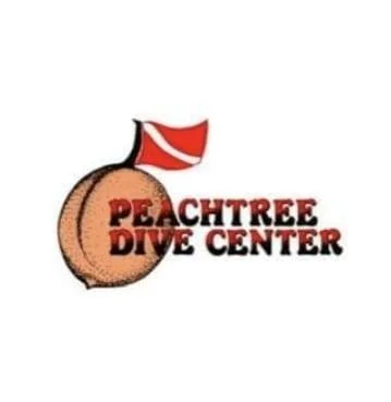 Logo for Peachtree Dive Center featuring a peach with a diving flag on top and the center's name.