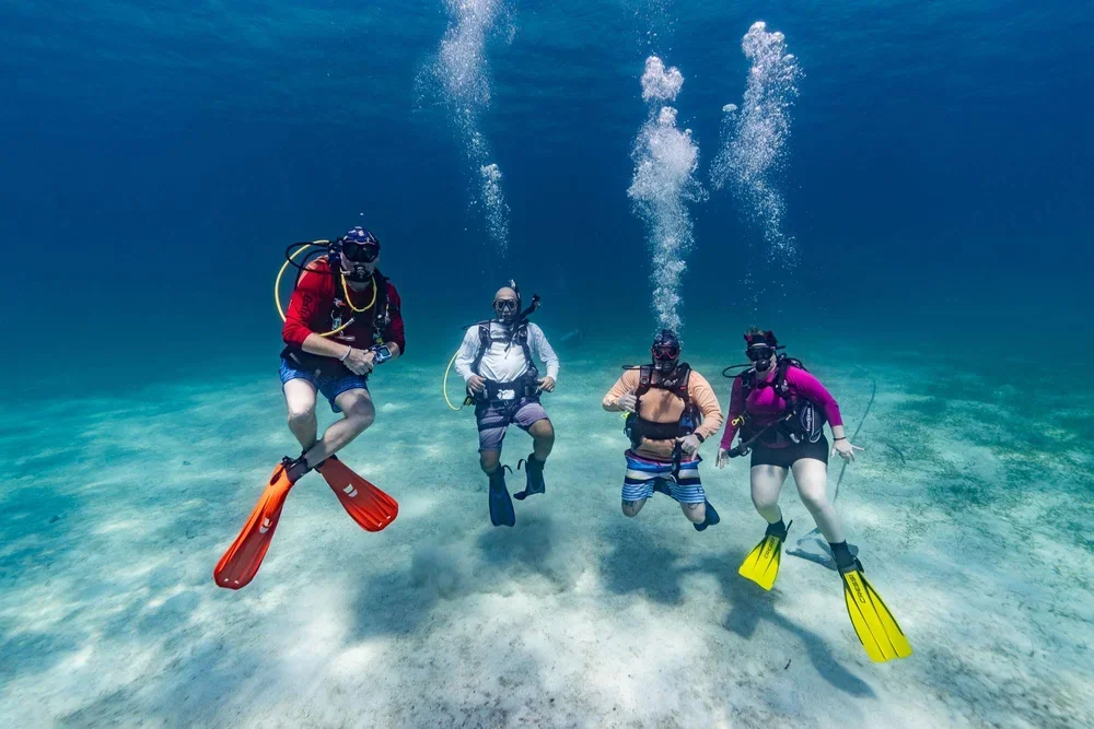 Four scuba divers underwater, wearing masks and flippers, exploring the ocean floor with clear water and sandy seabed.