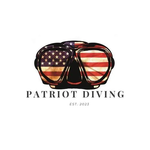 Diving goggles with the American flag pattern and the text Patriot Diving, established 2023.