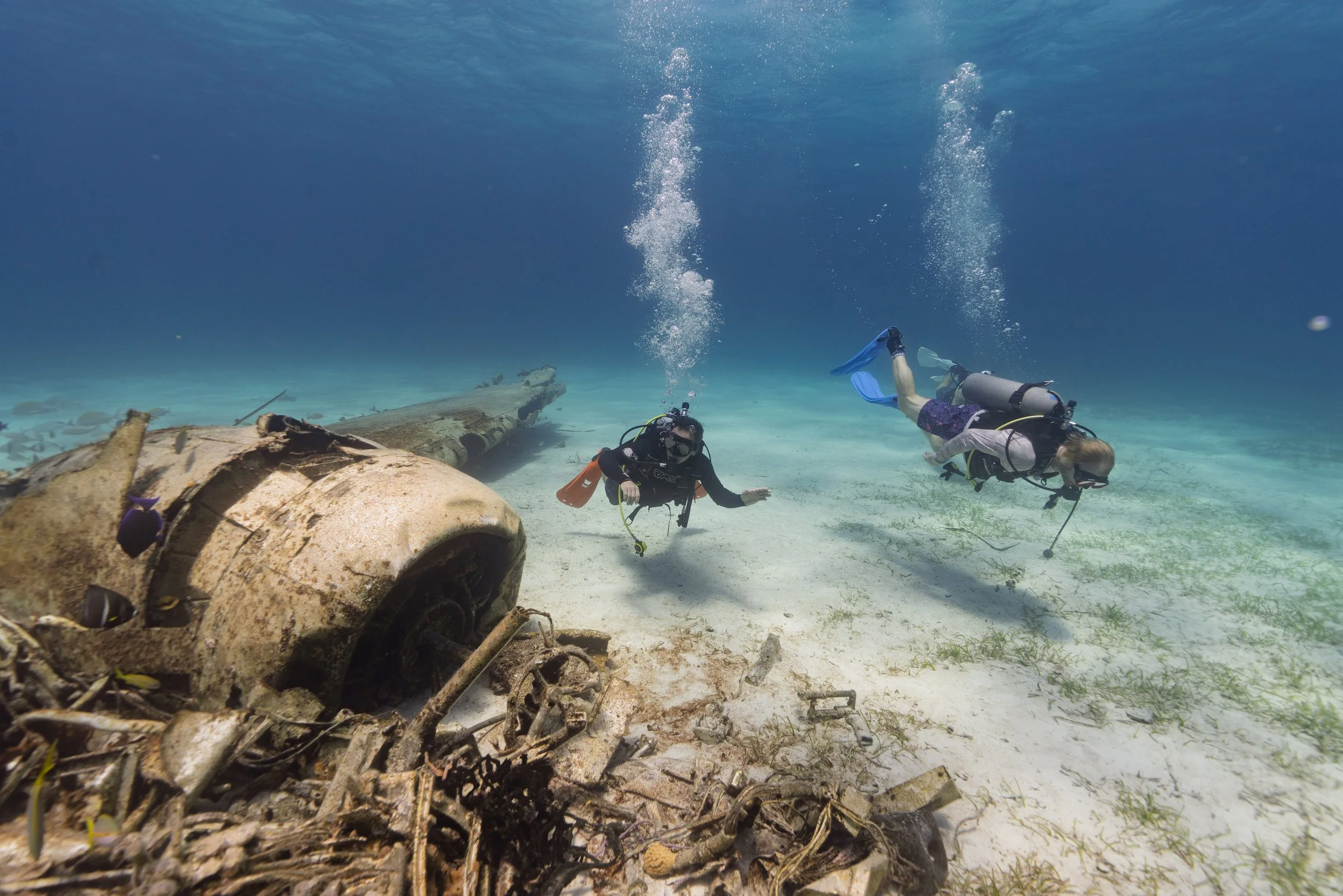2 scuba divers underwater at a plane wreck