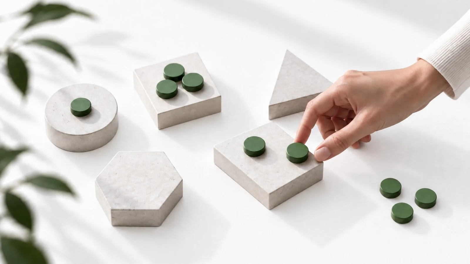 Hand selecting green tokens among geometric shapes to represent small business marketing priorities and investment decisions.