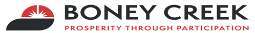 Boney Creek logo with a stylized sun rising over a hill, and the tagline Prosperity Through Participation