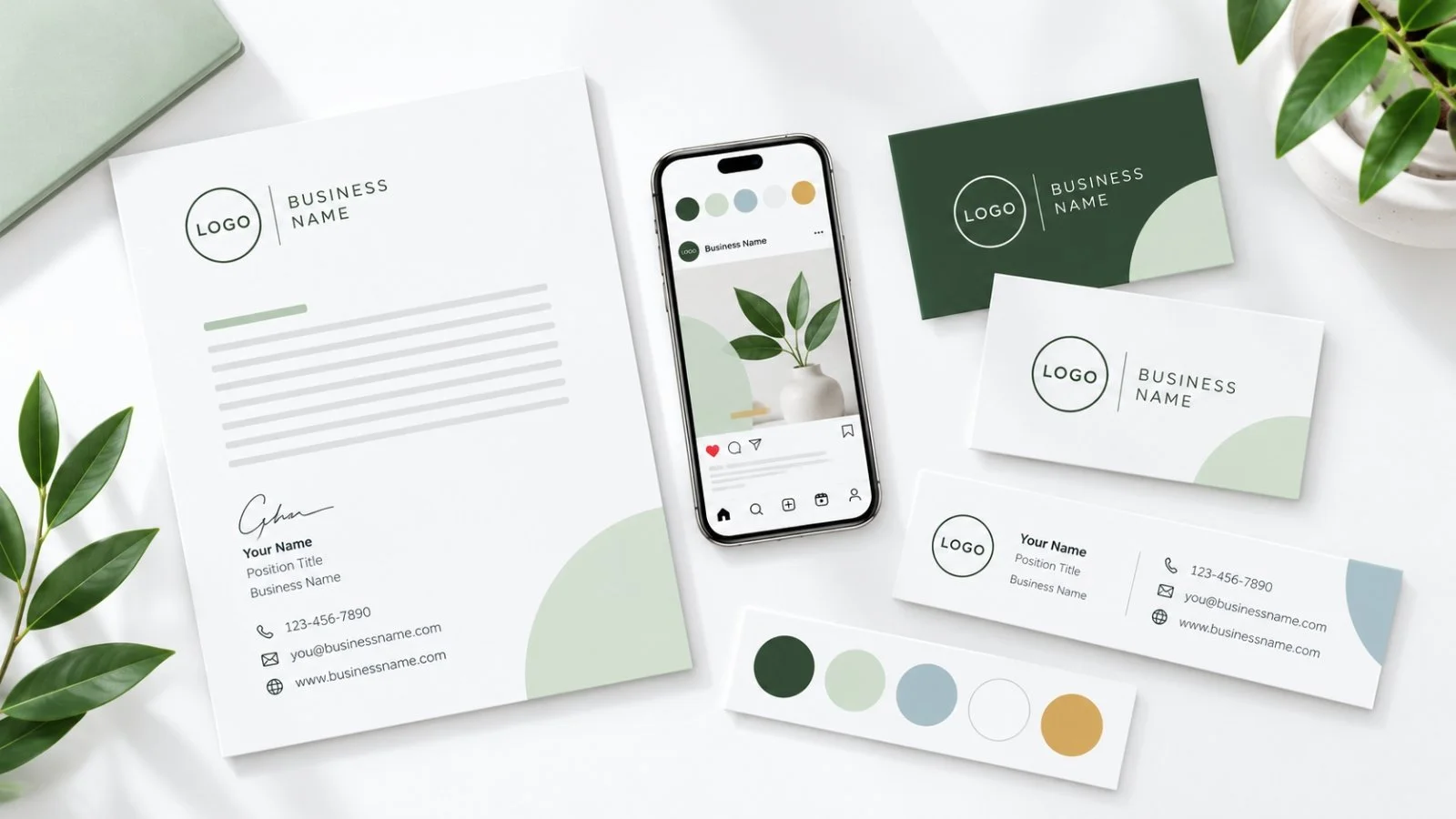 Business branding materials with a logo, color palette, business cards, letterhead, email signature, and social media post.