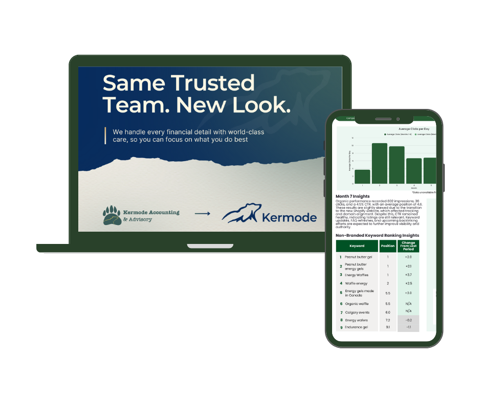 A presentation slide with the title 'Same Trusted Team. New Look.' and a graphic of a bear paw print and a leaping animal, alongside a smartphone showing a bar chart and a keyword ranking table for analytics.