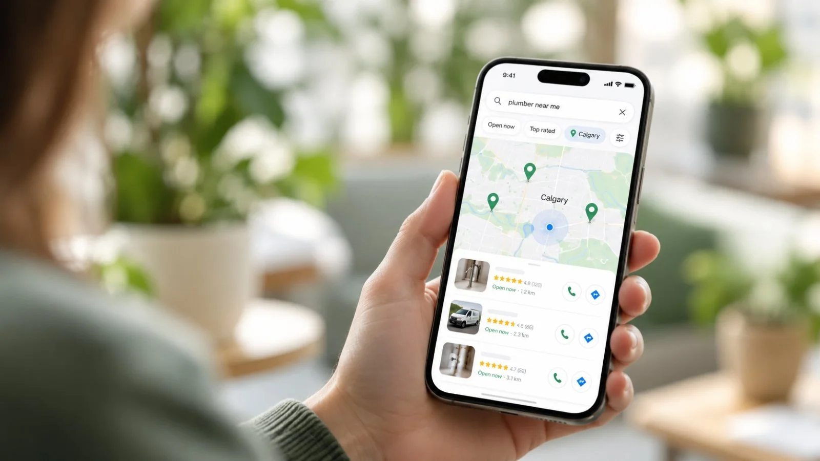 Person holding a phone showing Calgary plumber search results, illustrating local SEO for small business.