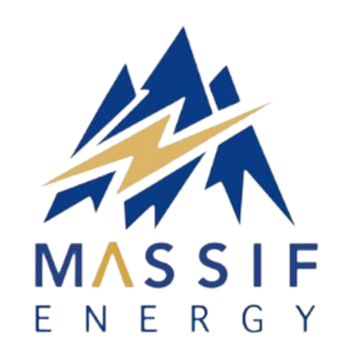 Logo for Massif Energy featuring blue mountains and a gold lightning bolt.