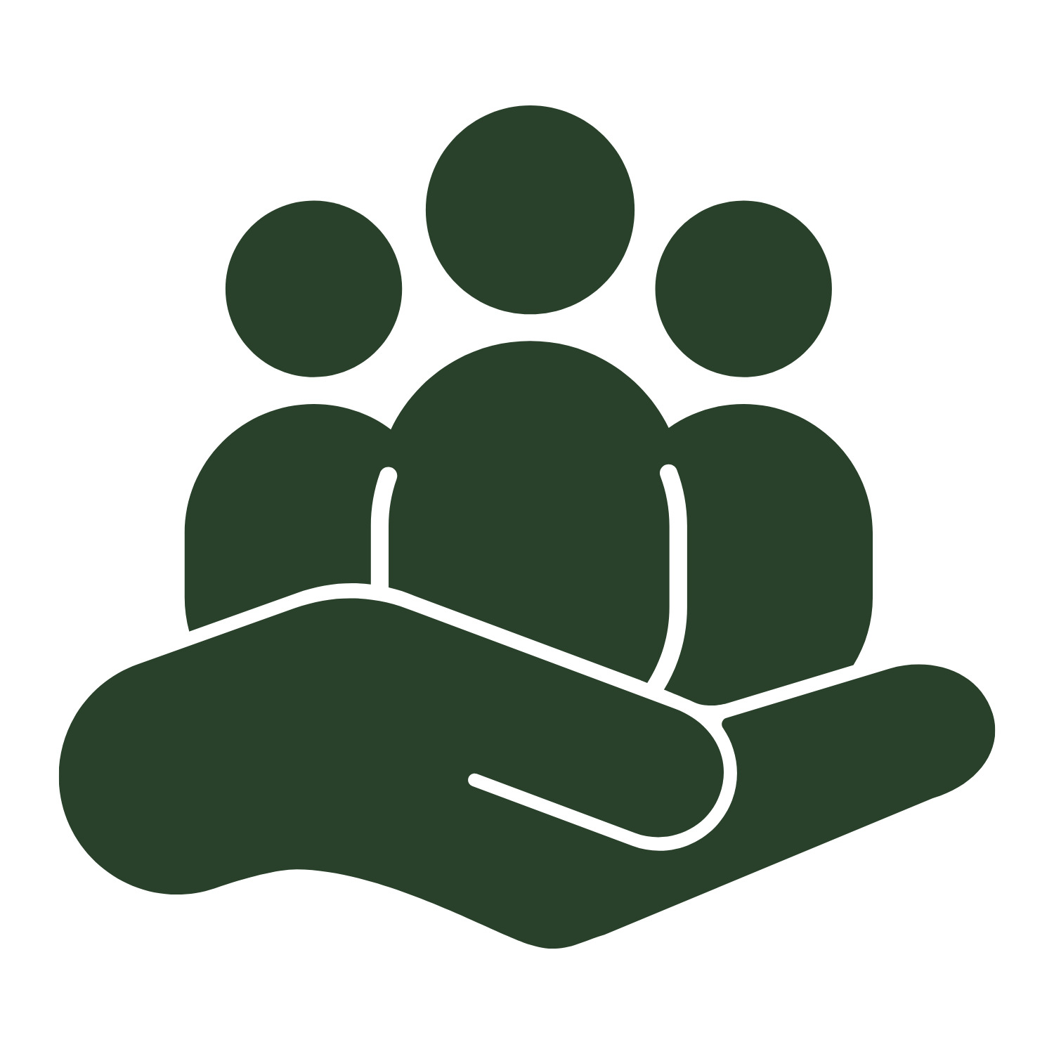 A dark green icon of a hand holding three people, symbolizing support, community, or teamwork.