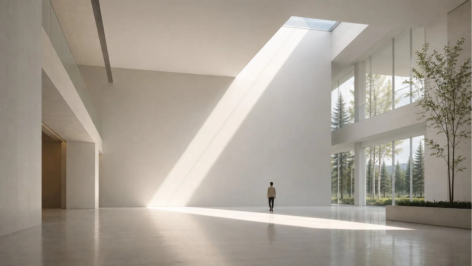 Minimalist atrium with natural sunlight symbolizing human direction for AI-driven marketing