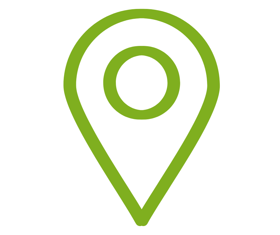 Green location pin icon with concentric circles inside, on a black background.
