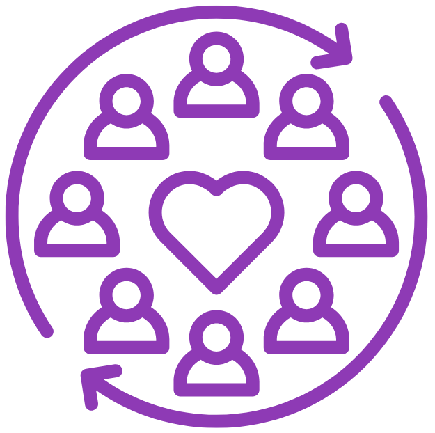 Purple icon of people arranged in a circle with a heart in the center, surrounded by two circular arrows.