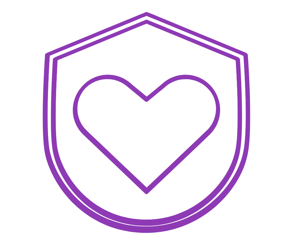Purple outline of a shield with a heart symbol inside on a black background.