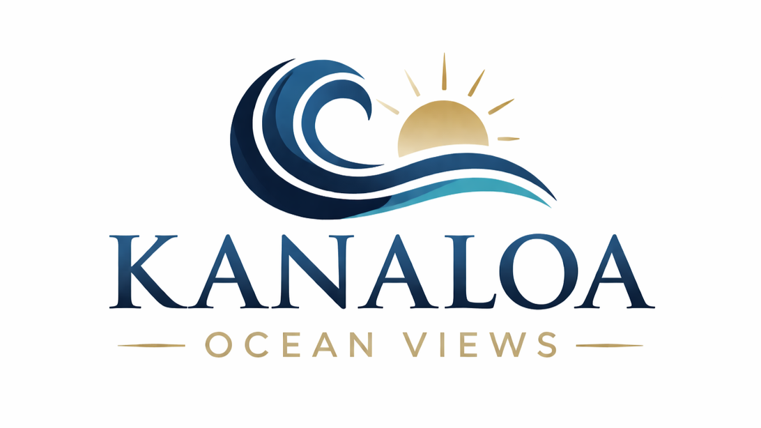 Logo with a wave, sun, and text 'KanalOA Ocean Views'