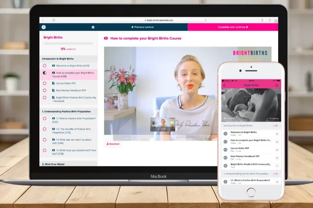 The Bright Births online birth preparation course shown on a laptop and mobile phone, with video lessons and downloadable resources