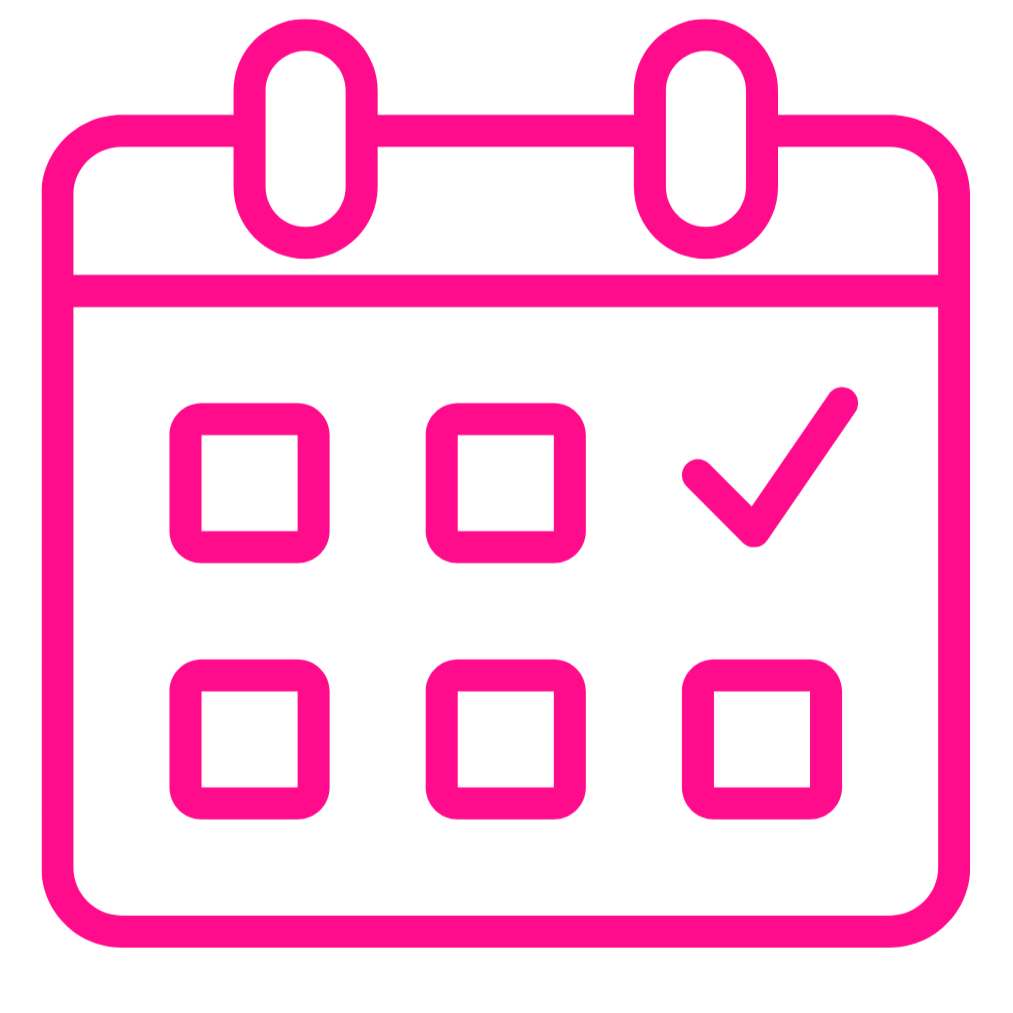 A pink calendar icon with six squares representing dates, with a checkmark on the third date.