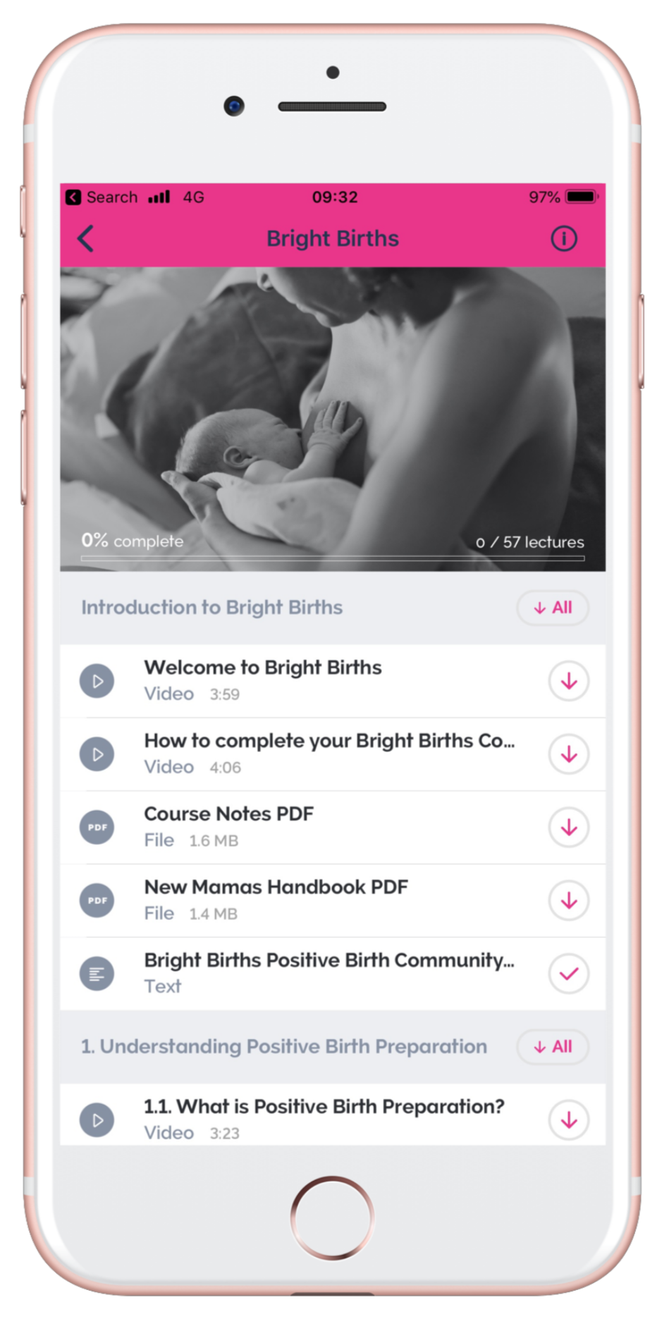 Mobile phone screen displaying a course titled Bright Births, with a black and white photo of a mother breastfeeding her newborn. The course includes videos, PDF files, and text, with progress bars and download icons.