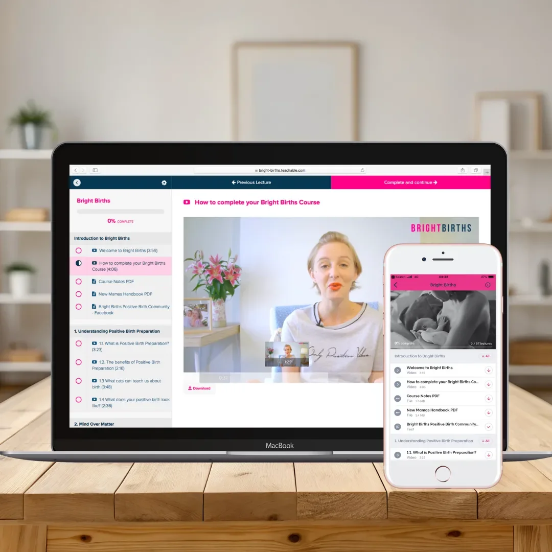 Preview of the Bright Births online birth preparation course shown on a laptop and phone, with video lessons and course materials