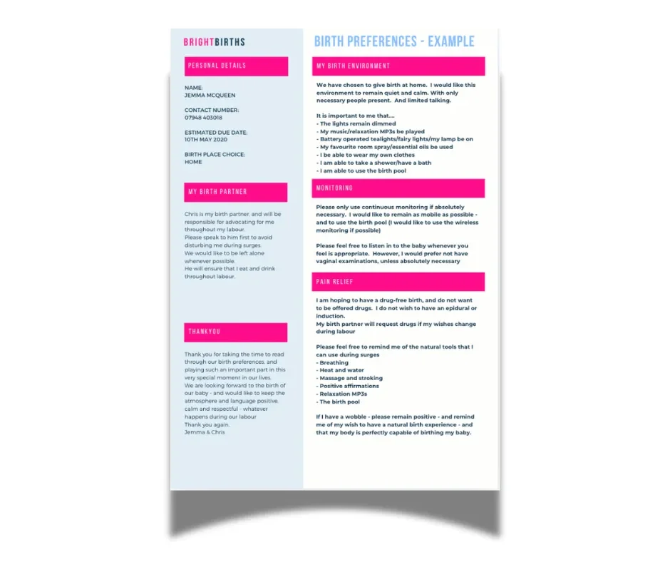 Preview of the Birth Preferences template available to all couples  