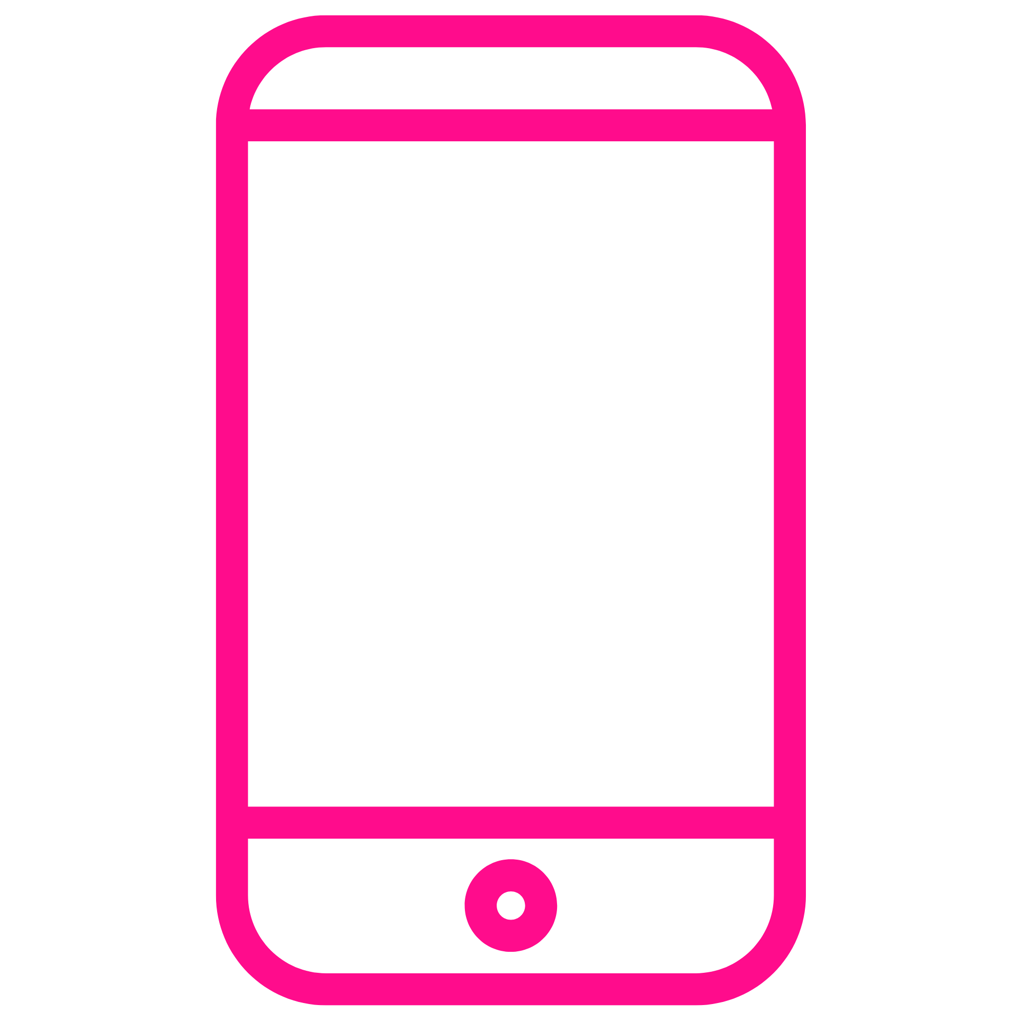 Pink outline of a smartphone with a white screen and a circle home button at the bottom.