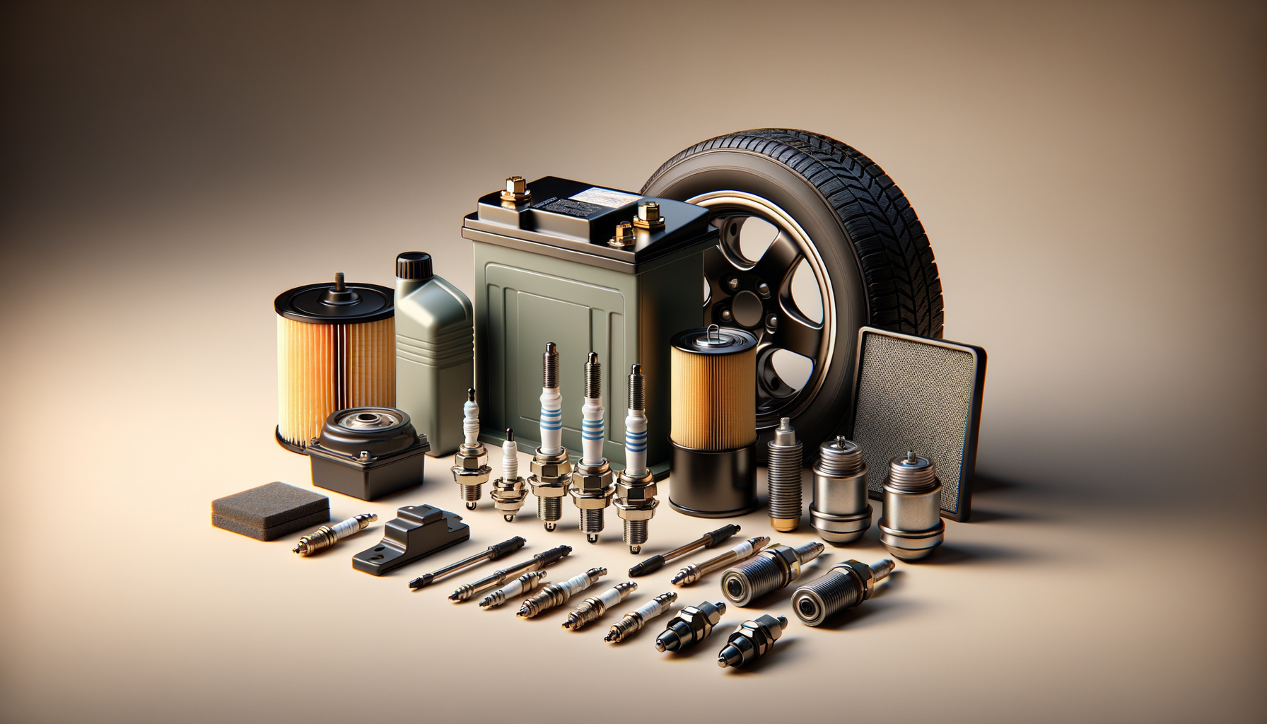 Car repair tools and parts including a car tire, spark plugs, filters, and other automotive components arranged on a neutral background.