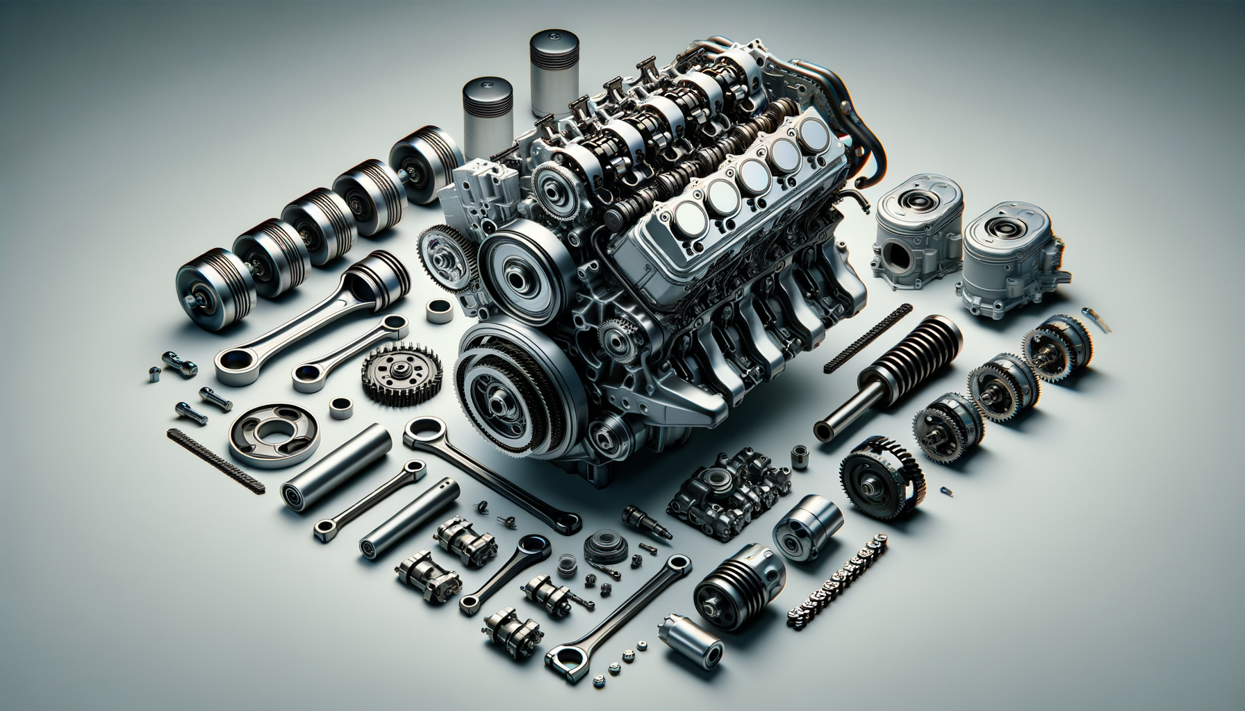 Disassembled car engine parts laid out on a flat surface, including pistons, valves, gears, chains, and other components.