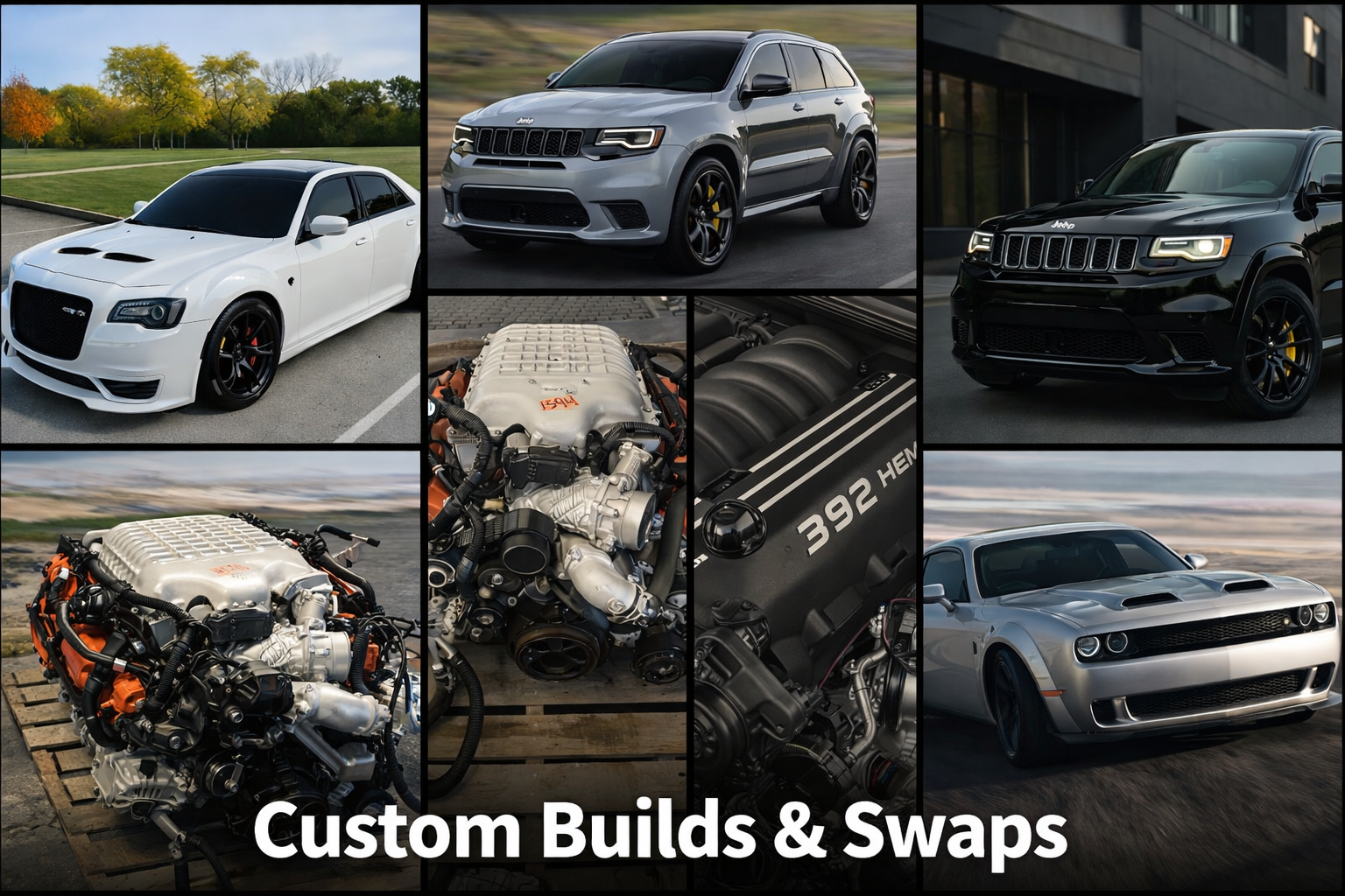 A collage of various cars, engines, and automotive components with the title 'Custom Builds & Swaps'.