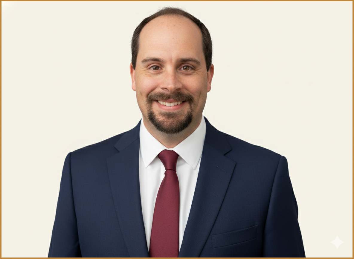 A man in a navy business suit with a white shirt and a maroon tie smiling at the camera against a plain light background.
