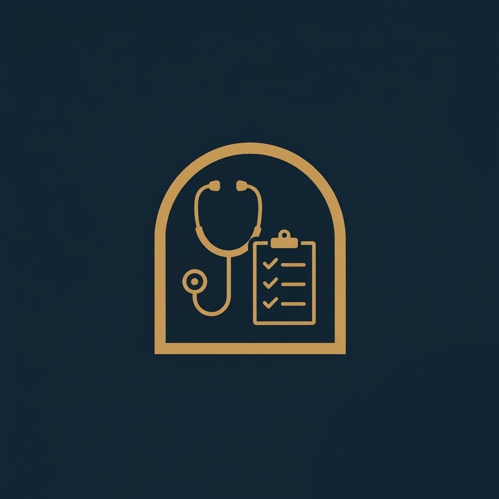 Icon of a stethoscope and a checklist inside an arched outline, symbolizing reviewing the financial wellbeing of a business.