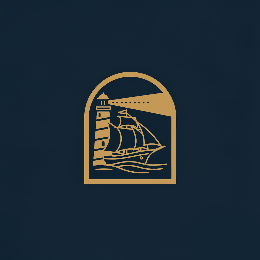 Gold lighthouse, sailing ship, and lighthouse beam inside an arched window outline on a dark background.