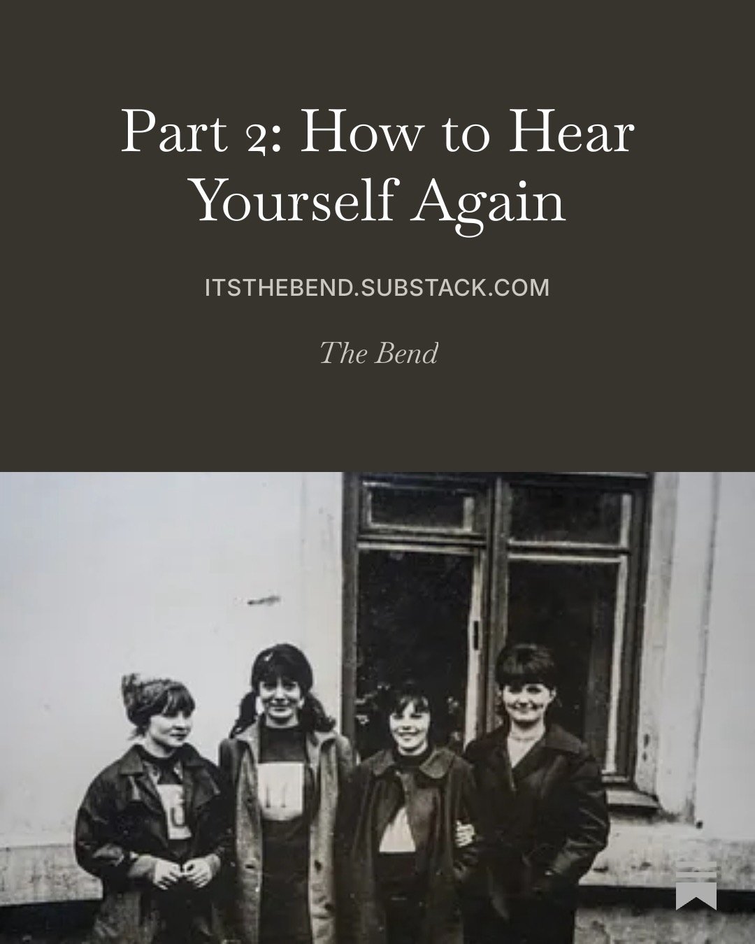 A book cover titled 'Part 2: How to Hear Yourself Again' with a photo of four children standing outside a building beneath the title.