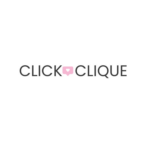 A black background with the text 'CLICK' and 'CLIQUE' in gray, separated by a pink speech bubble with a white heart inside.