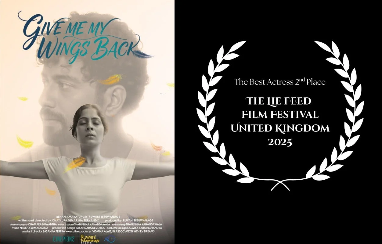 A movie poster for 'Give Me My Wings Back' featuring a woman with her arms outstretched and a large translucent male face in the background, with feathers falling around her. The poster mentions winning second place at The Lee Feed Film Festival in t