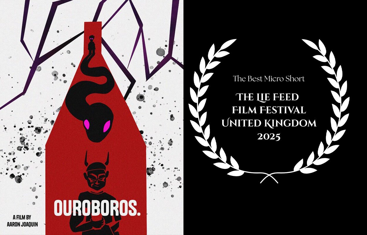 Side-by-side promotional images: the left features stylized black snake with purple eyes and a person's silhouette beneath it, with the title "OUROBOROS" and credit to director Aaron Joaquín; the right displays an award emblem with white laurel leave