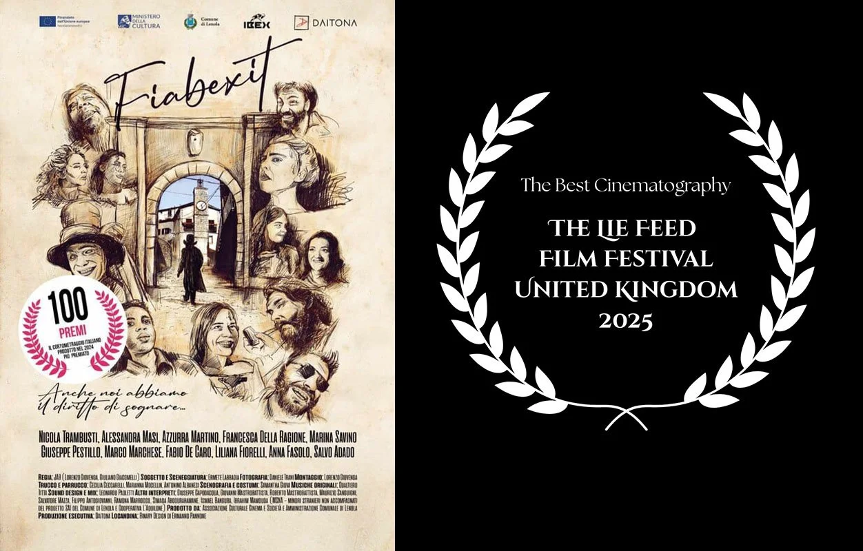 A poster for a film titled "Fiabexit" features illustrated portraits of multiple characters, some smiling and some serious, with a town gate and clock tower in the background. There is a circular badge on the left with "100 Prem" and a laurel wreath 