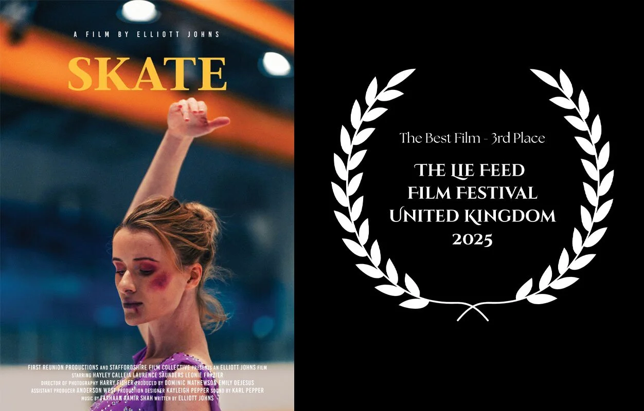 Poster for the film 'Skate' featuring a woman with a facial bruise and a confident pose, with award details from the 2025 UK film festival on the right.